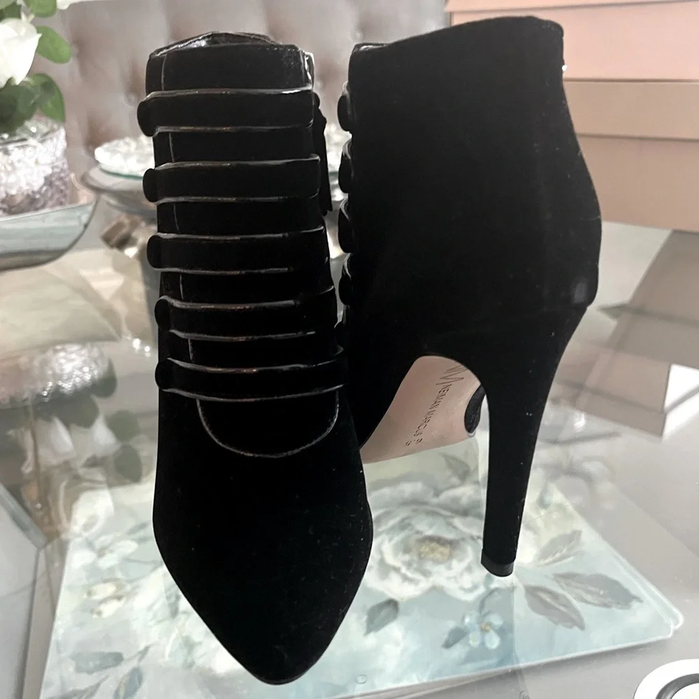 Neiman Marcus stiletto velvet ankle boots
